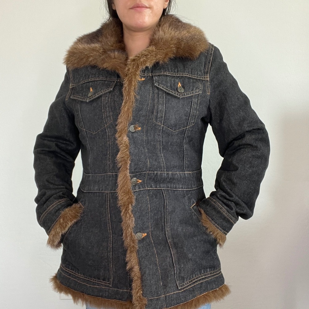 Marvin Richards Denim Jacket Women Medium Black Faux Fur Trim Vintage Coat